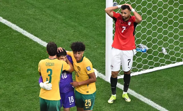 Egypt's Trezeguet (7) reacts after a miss during the World Cup round of 32 soccer match between Australia and Egypt in Arlington, Texas, near Dallas, Friday, July 3, 2026. (AP Photo/Jessica Tobias)