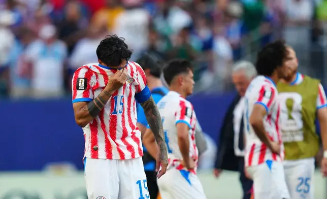 Paraguay's Gustavo Gomez reacts at the end of the World Cup round of 16 soccer match between Paraguay and France in Philadelphia, Saturday, July 4, 2026. (AP Photo/Derik Hamilton)