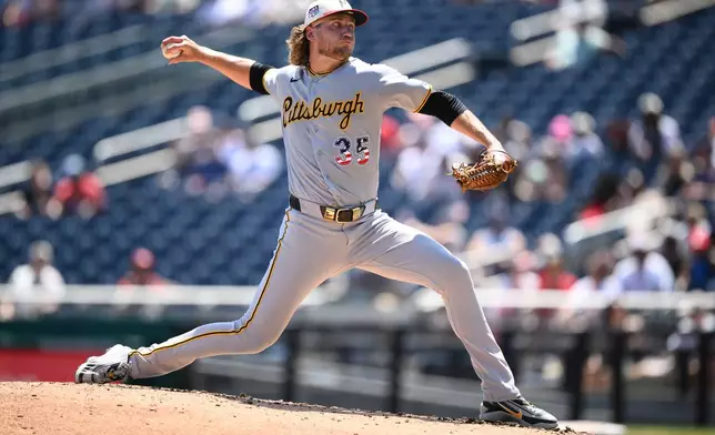 Pittsburgh Pirates pitcher Braxton Ashcraft throws during the third inning of a baseball game against the Washington Nationals, Saturday, July 4, 2026, in Washington. (AP Photo/Nick Wass)