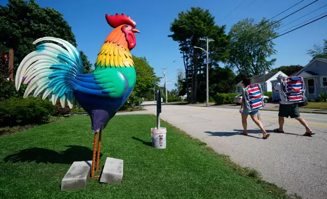 Beach-goers pass by a large tin rooster set up outside a motel in solidarity with a young girl with autism in Ogunquit, Maine, Wednesday, July 22, 2026. (AP Photo/Robert F. Bukaty)