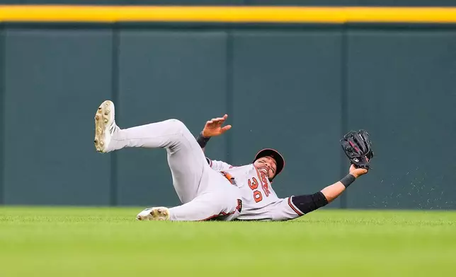 Baltimore Orioles center fielder Leody Taveras catches a Detroit Tigers' Zach McKinstry fly ball during the sixth inning of a baseball game Tuesday, July 28, 2026, in Detroit. (AP Photo/Paul Sancya)