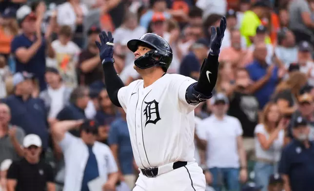Detroit Tigers' Eduardo Valencia celebrates his home run against the Baltimore Orioles during the first inning of a baseball game Tuesday, July 28, 2026, in Detroit. (AP Photo/Paul Sancya)