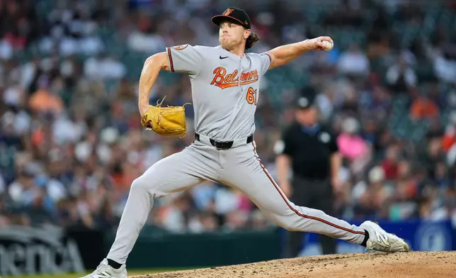 Baltimore Orioles pitcher Josh Walker throws against the Detroit Tigers during the seventh inning of a baseball game Tuesday, July 28, 2026, in Detroit. (AP Photo/Paul Sancya)
