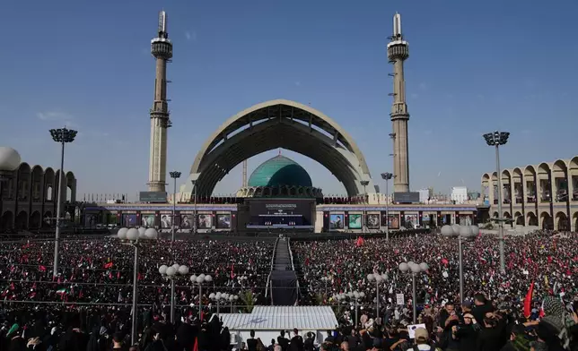A crowd attends the start of the dayslong funeral ceremonies at the Imam Khomeini Mosalla Grand Mosque in Tehran, Iran, Saturday, July 4, 2026. (AP Photo/Altaf Qadri)