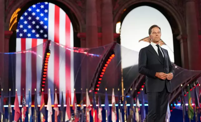 NATO Secretary General Mark Rutte prepares to deliver an address during the America 250 event in Brussels, Sunday, June 28, 2026. (AP Photo/Virginia Mayo)