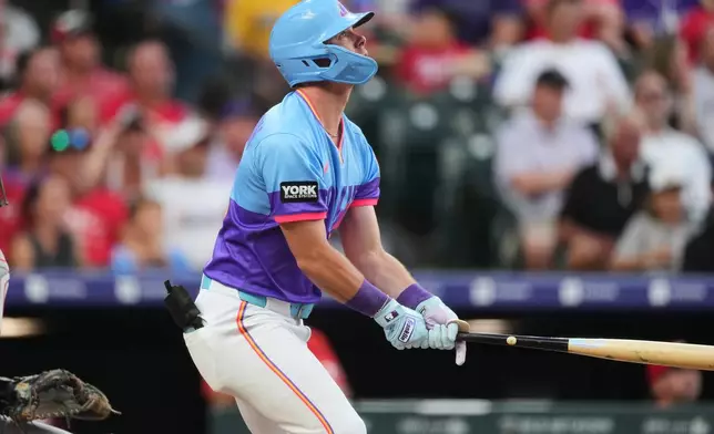 Colorado Rockies' Troy Johnston follows the flight of his sacrifice fly to drive in a run against Cincinnati Reds starting pitcher Brady Singer in the fifth inning of a baseball game Friday, July 17, 2026, in Denver. (AP Photo/David Zalubowski)