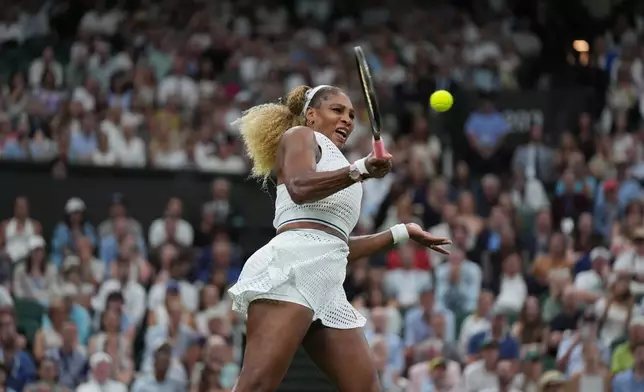 Serena Williams of the United States plays a forehand against Maya Joint of Australia in their first round women's singles match at the Wimbledon Tennis Championships in London, Tuesday, June 30, 2026. (AP Photo/Maja Smiejkowska)