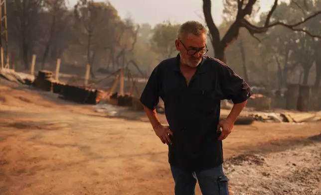 Paulino Dominguez, 62, checks the damage to his property, burned by a wildfire, in Piedralaves, Ávila province, Spain, as the fire continues to spread, Tuesday, July 28, 2026. (AP Photo/Manu Fernandez)