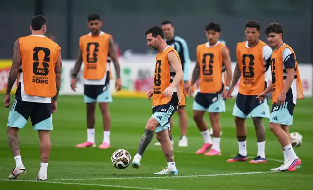 Argentina's Lionel Messi kicks the ball during a training session on the eve of the World Cup final soccer match in Morristown, N.J., Saturday, July 18, 2026. (AP Photo/Abbie Parr)