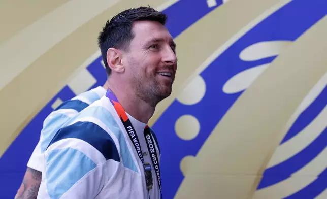 Argentina's Lionel Messi arrives for the World Cup final soccer match between Spain and Argentina in East Rutherford, N.J., near New York, Sunday, July 19, 2026. (AP Photo/Pamela Smith)