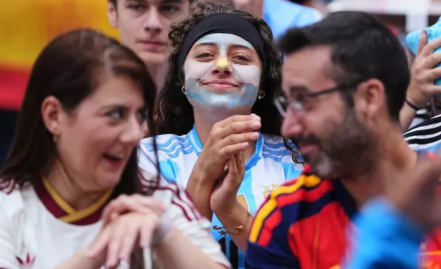 Fans gather for a watch party in Hudson Yards ahead of the World Cup final soccer match between Argentina and Spain, Sunday, July 19, 2026, in New York.(AP Photo/David 'Dee' Delgado)