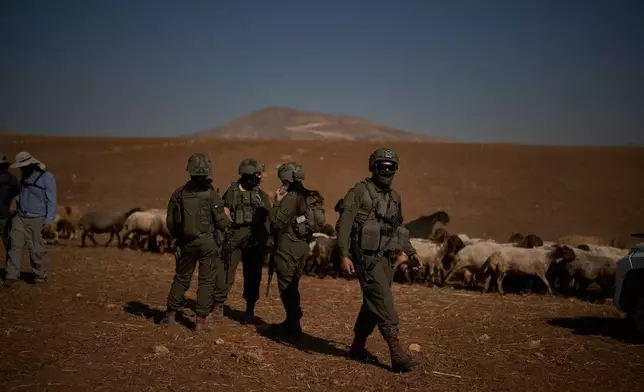 Israeli soldiers stand next to an activist and sheep after stopping a young Palestinian man who was grazing his flock near his community in the northern Jordan Valley in the occupied West Bank, Wednesday, June 24, 2026. (AP Photo/Leo Correa)