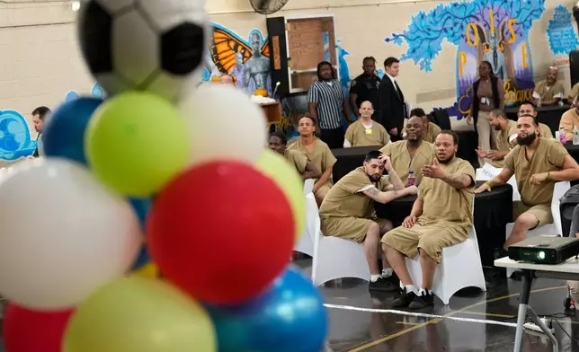 Rikers Island inmates react as they watch the World Cup semifinal soccer match between England and Argentina, at the jail complex in New York, Wednesday, July 15, 2026. (AP Photo/Seth Wenig)