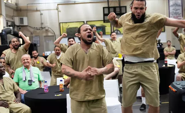 Rikers Island inmates watch the World Cup semifinal soccer match between England and Argentina, at the jail complex in New York, Wednesday, July 15, 2026. (AP Photo/Seth Wenig)