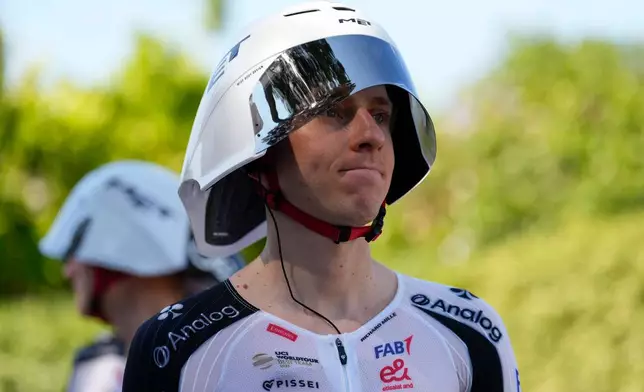 Slovenia's Tadej Pogacar leaves for a training ride two days before the start of the Tour de France, in Barcelona, Spain, Thursday, July 2, 2026. (AP Photo/Mosa'ab Elshamy)