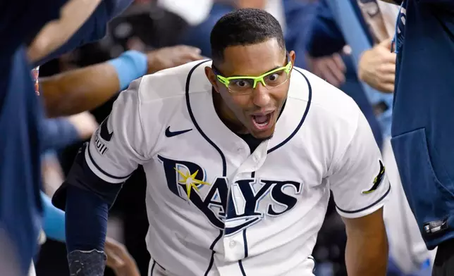 Tampa Bay Rays' Richie Palacios celebrates after his home run during the fourth inning of a baseball game against the Seattle Mariners, Friday, July 10, 2026, in St. Petersburg, Fla. (AP Photo/Jason Behnken)