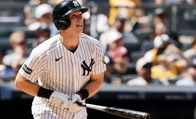 New York Yankees' Ben Rice watches his three-run home run in the seventh inning during the first baseball game of a doubleheader against the Pittsburgh Pirates, Wednesday, July 22, 2026, in New York. (AP Photo/Adam Hunger)