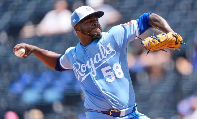 Kansas City Royals starting pitcher Luinder Avila throws during the first inning of a baseball game against the Philadelphia Phillies, Sunday, July 5, 2026, in Kansas City, Mo. (AP Photo/Charlie Riedel)