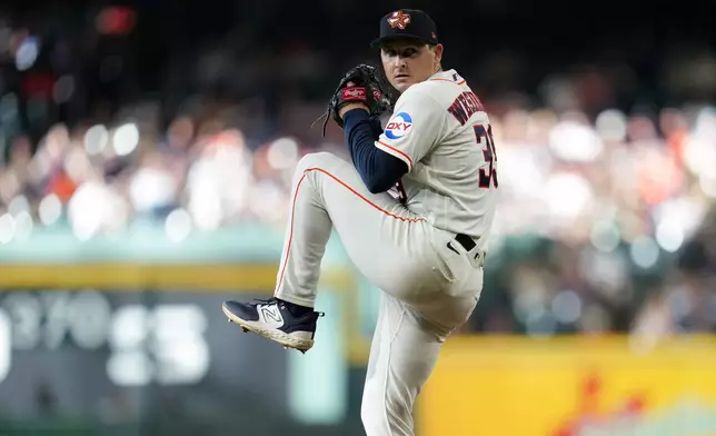 Houston Astros starting pitcher Hayden Wesneski delivers to Seattle Mariners' Dominic Canzone during the first inning of a baseball game against the Seattle Mariners in Houston, Saturday, Aug. 15, 2026. (AP Photo/Karen Warren)