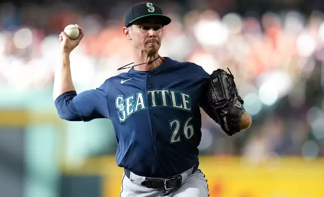 Seattle Mariners starting pitcher Emerson Hancock delivers to Houston Astros' Jeremy Peña during the first inning of a baseball game, Saturday, August 15, 2026, in Houston. (AP Photo/Karen Warren)