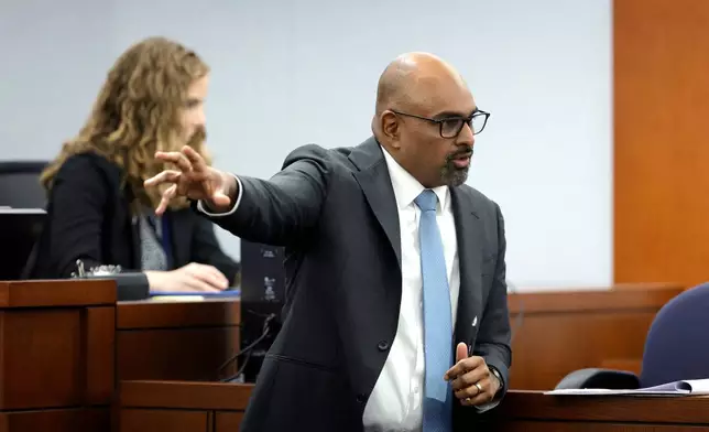 Chief Deputy District Attorney Binu Palal questions a prospective juror during the third day of jury selection in Duane Davis murder trial, related to the 1996 killing of rapper Tupac Shakur, at Clark County District Court Regional Justice Center on Wednesday, Aug. 12, 2026, in Las Vegas. (Steve Marcus/Las Vegas Sun via AP, Pool)