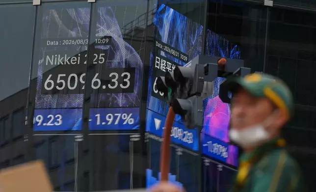 A person walks in front of an electronic stock board showing Japan's Nikkei index at a securities firm Monday, Aug. 31, 2026, in Tokyo. (AP Photo/Eugene Hoshiko)