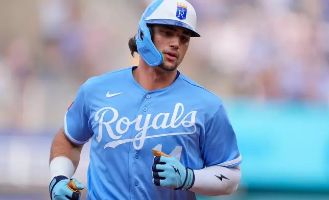 Kansas City Royals' Jac Caglianone runs the bases after hitting a solo home run during the first inning of a baseball game against the Chicago Cubs, Saturday, Aug. 8, 2026, in Kansas City, Mo. (AP Photo/Charlie Riedel)