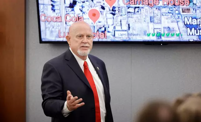 Former Las Vegas Metro Police detective Dan Long testifies in court during the Duane Davis trial, related to the 1996 killing of rapper Tupac Shakur, in Clark County District Court at the Regional Justice Center in Las Vegas on Thursday, Aug. 27, 2026. (Steve Marcus/Las Vegas Sun via AP, Pool)