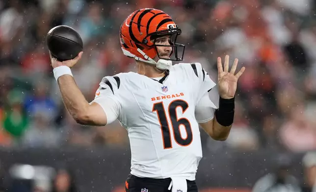 Cincinnati Bengals quarterback Joe Flacco (16) throws against the Detroit Lions during the first half of an preseason NFL football game Thursday, Aug. 13, 2026, in Cincinnati. (AP Photo/Carolyn Kaster)