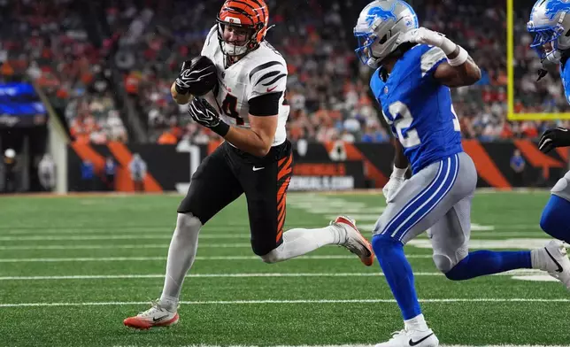 Cincinnati Bengals tight end Jack Endries (84) scores on a four-yard touchdown reception against the Detroit Lions during the first half of a preseason NFL football game Thursday, Aug. 13, 2026, in Cincinnati. (AP Photo/Joshua A. Bickel)