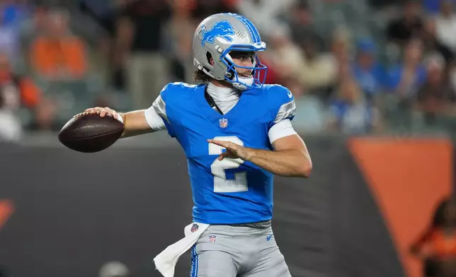 Detroit Lions quarterback Luke Altmyer (2) throws against the Cincinnati Bengals during the first half of a preseason NFL football game Thursday, Aug. 13, 2026, in Cincinnati. (AP Photo/Joshua A. Bickel)