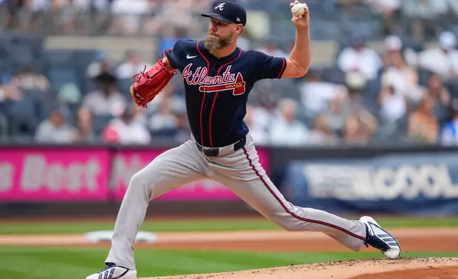 Atlanta Braves pitcher Chris Sale throws during the first inning of a baseball game against the New York Yankees, Saturday, Aug. 8, 2026, in New York. (AP Photo/Yuki Iwamura)