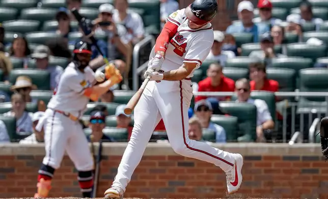 Atlanta Braves' Matt Olson hits a solo home run against the Washington Nationals during the fourth inning of a baseball game, Sunday, Aug. 2, 2026, in Atlanta. (AP Photo/Erik S. Lesser)