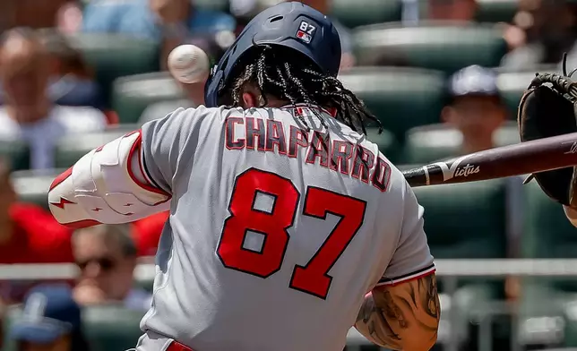 Washington Nationals' Andrés Chaparro is hit on the helmet by a pitch from Atlanta Braves' JR Ritchie during the fourth inning of a baseball game, Sunday, Aug. 2, 2026, in Atlanta. (AP Photo/Erik S. Lesser)