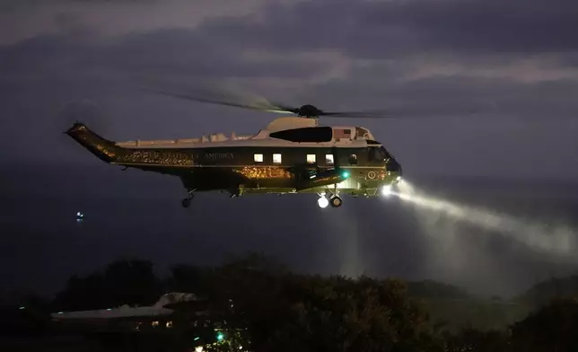 Marine One, with President Donald Trump onboard, lifts off near Trump National Golf Club Los Angeles, Tuesday, Aug. 4, 2026, in Rancho Palos Verdes, Calif. (AP Photo/Mark Schiefelbein)
