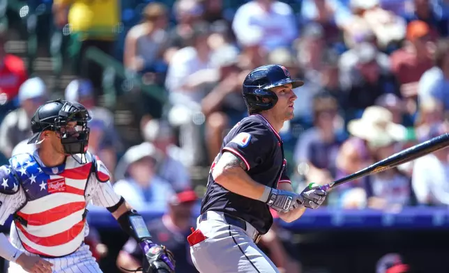 Cleveland Guardians' Chase DeLauter, right, watches his RBI triple with Colorado Rockies catcher Brett Sullivan, left, in the first inning of a baseball game Sunday, Aug. 23, 2026, in Denver. (AP Photo/David Zalubowski)