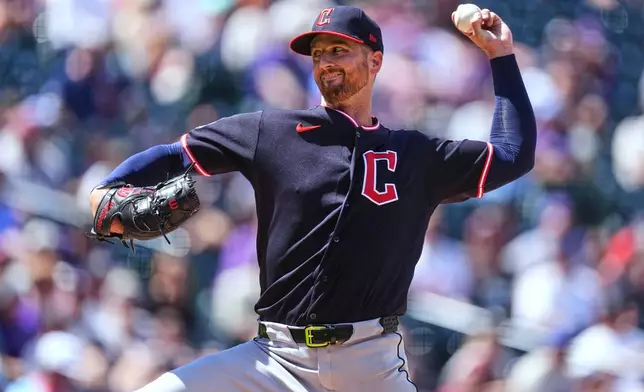 Cleveland Guardians starting pitcher Foster Griffin works against the Colorado Rockies in the second inning of a baseball game Sunday, Aug. 23, 2026, in Denver. (AP Photo/David Zalubowski)