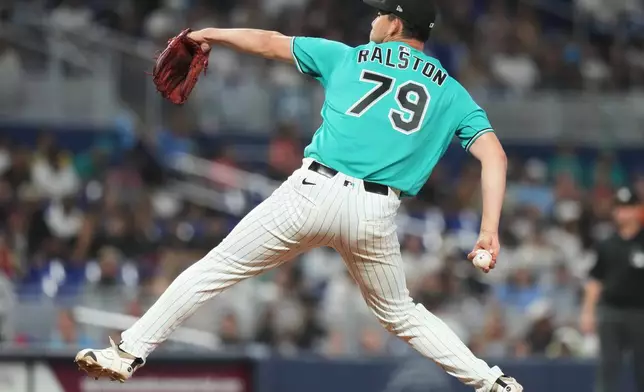 Miami Marlins relief pitcher Jack Ralston (79) throws during the seventh inning of a baseball game, making his MLB debut, against the Washington Nationals, Sunday, Aug. 23, 2026, in Miami. (AP Photo/Lynne Sladky)