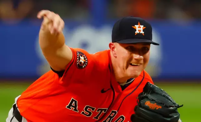 Houston Astros' Hunter Brown delivers a pitch against the New York Mets during the first inning of a baseball game, Friday, August 28, 2026, in New York. (AP Photo/Noah K. Murray)