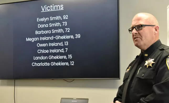 Yellowstone County Sheriff Kent O'Donnell speaks during a press conference Wednesday, Aug. 26, 2026, in Billings, Mont., about the victims of a weekend shooting and house fire in which the suspect and eight family members were killed. (AP Photo/Matthew Brown)