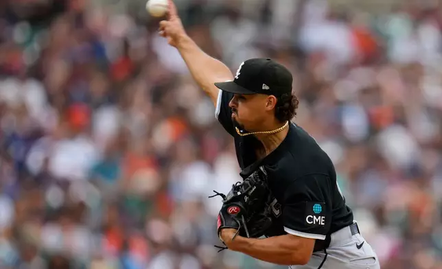 Chicago White Sox pitcher Jordan Hicks throws against the Detroit Tigers during the sixth inning of a baseball game Saturday, Aug. 15, 2026, in Detroit. (AP Photo/Paul Sancya)
