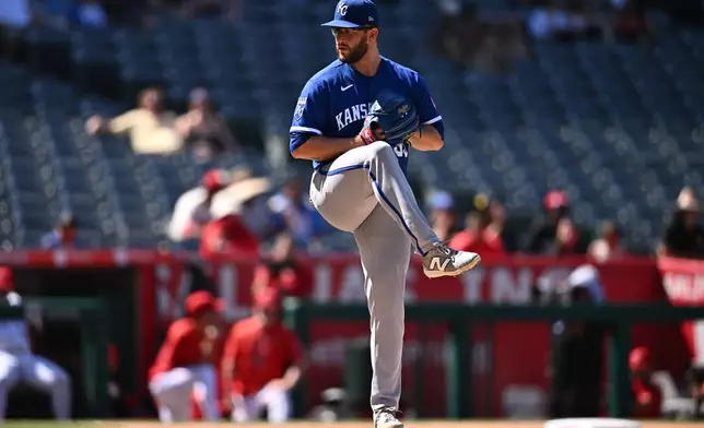 Kansas City Royals pitcher Noah Cameron winds up to deliver during the ninth inning of a baseball game against the Los Angeles Angels, Sunday, Aug. 16, 2026, in Anaheim, Calif. (AP Photo/William Liang)