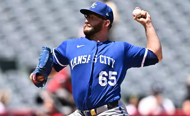 Kansas City Royals pitcher Noah Cameron delivers during the first inning of a baseball game against the Los Angeles Angels, Sunday, Aug. 16, 2026, in Anaheim, Calif. (AP Photo/William Liang)