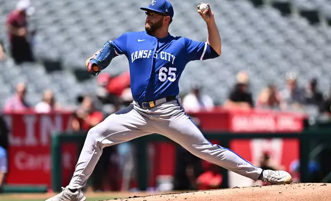 Kansas City Royals pitcher Noah Cameron delivers during the first inning of a baseball game against the Los Angeles Angels, Sunday, Aug. 16, 2026, in Anaheim, Calif. (AP Photo/William Liang)