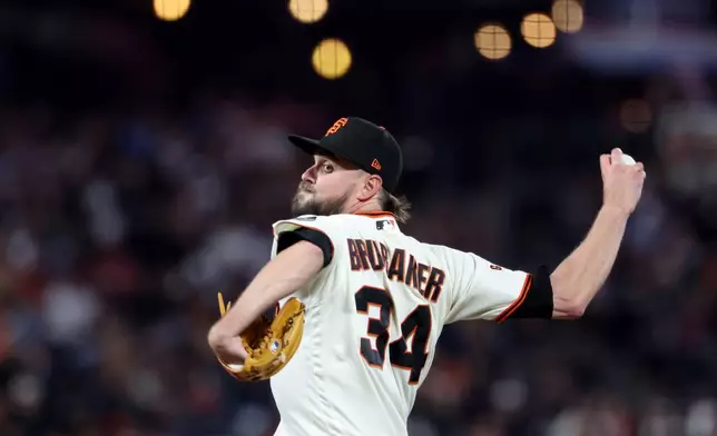 San Francisco Giants pitcher JT Brubaker throws against the Houston Astros during the sixth inning of a baseball game in San Francisco, Monday, Aug. 10, 2026. (AP Photo/Jed Jacobsohn)