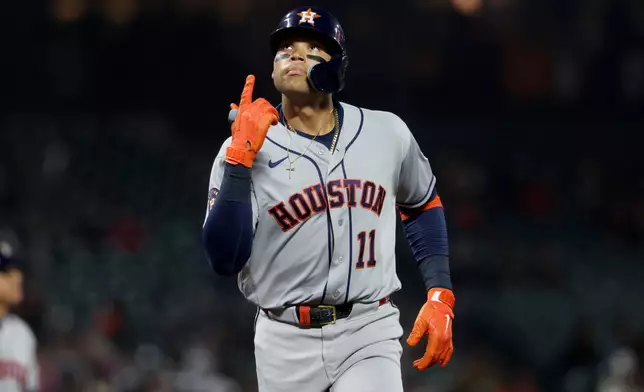 Houston Astros' Cam Smith gestures as he rounds the bases after hitting a solo home run against the San Francisco Giants during the seventh inning of a baseball game in San Francisco, Monday, Aug. 10, 2026. (AP Photo/Jed Jacobsohn)