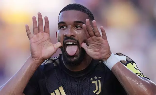 Juventus's Bremer celebrates after scoring his team's first goal during the Serie A soccer match between Frosinone and Juventus at the Benito Stirpe stadium, in Frosinone, Italy, Sunday, Aug. 23, 2026. ( Alfredo Falcone/LaPresse via AP)