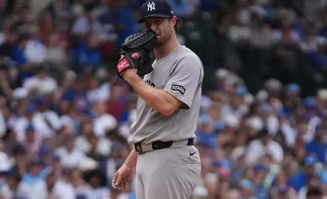 New York Yankees pitcher Gerrit Cole stands on the mound against the Chicago Cubs during the sixth inning of a baseball game Sunday, Aug. 2, 2026, in Chicago. (AP Photo/David Banks)