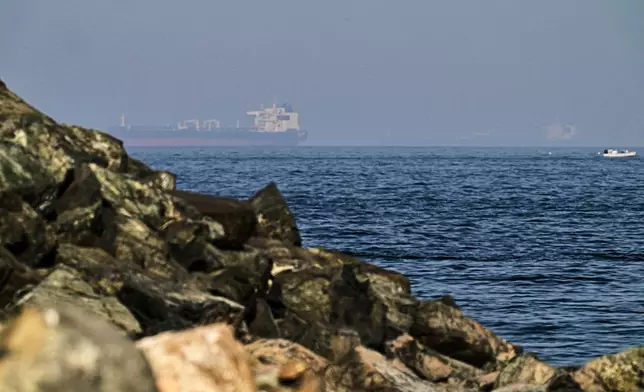 FILE - Cargo ships are seen at sea in the Gulf of Oman near the Strait of Hormuz, from a rocky shoreline near Khor Fakkan, United Arab Emirates, May 1, 2026. (AP Photo/Fatima Shbair, File)