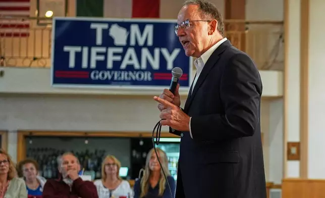 Republican gubernatorial candidate Tom Tiffany talks to supporters during a campaign event, Wednesday, July 29, 2026, in Kenosha, WI. (AP Photo/Nam Y. Huh)